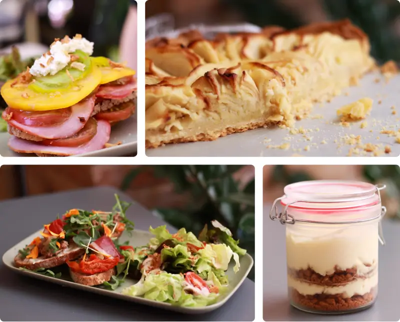 Échantillon de plats servis au restaurant Les Gourmandises de Léa : bruschettas servies avec salade, tarte aux pommes, tiramisu.